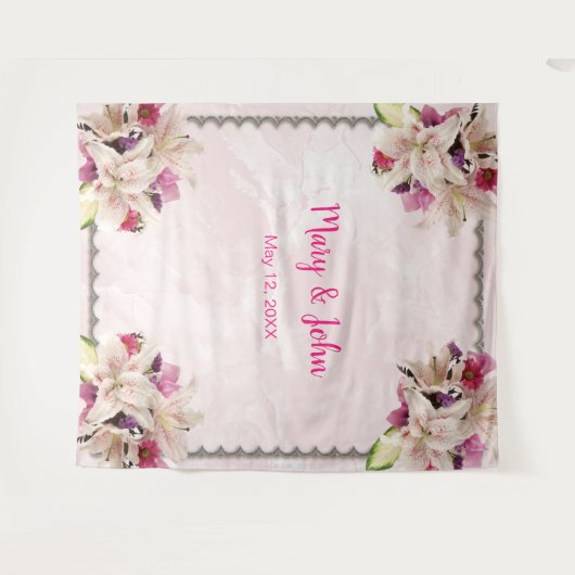 Witte lelie bloem roze marmeren huwelijks-achtergr wandkleed (Voorkant (horizontaal))