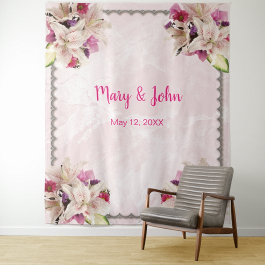 Witte lelie bloem roze marmeren huwelijks achtergr wandkleed (In situ)