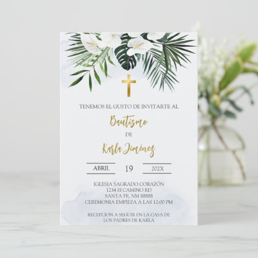 Witte Lelie bloem Spaanse doop Uitnodiging (Staand voorkant)