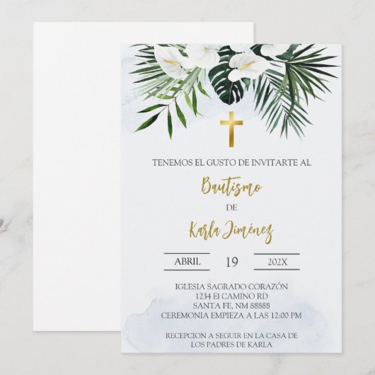 Witte Lelie bloem Spaanse doop Uitnodiging (Voorkant / Achterkant)