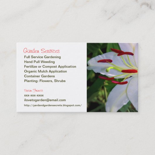 Witte Lelie Bloem Tuinierder Zakelijke Kaart Visitekaartje (Voorkant)