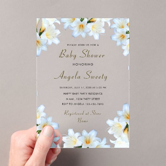 Witte Lelie Bloemen Acryl Baby shower Uitnodiging (Insitu (Draagbaar))