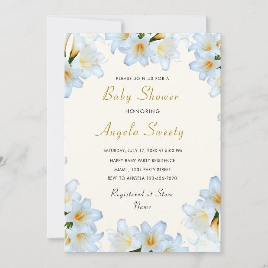Witte Lelie Bloemen Baby shower Uitnodiging Sjablo (Voorkant)