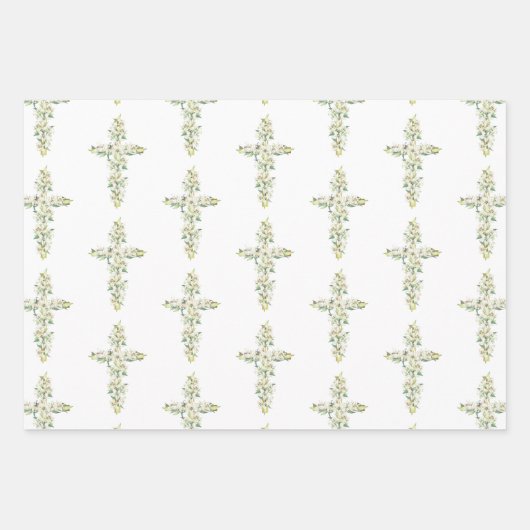 Witte Lelie Bloemen Bloemen Kruis Religieuze Doop Inpakpapier Vel (Voorkant 3)