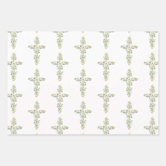 Witte Lelie Bloemen Bloemen Kruis Religieuze Doop Inpakpapier Vel (Voorkant 2)
