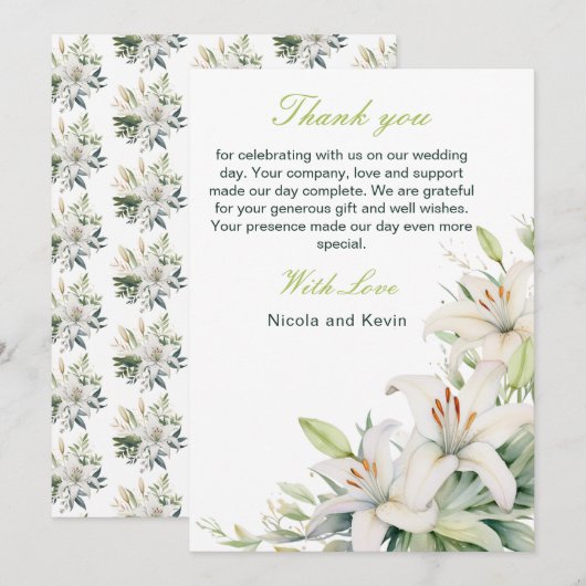 Witte lelie bloemen bruiloft bedankkaart (Voorkant / Achterkant)