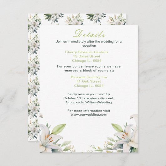 Witte lelie bloemen bruiloft informatiekaartje (Voorkant / Achterkant)