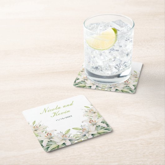 Witte lelie bloemen bruiloft kartonnen onderzetters (Insitu)