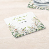 Witte lelie bloemen bruiloft kartonnen onderzetters (Schuin)