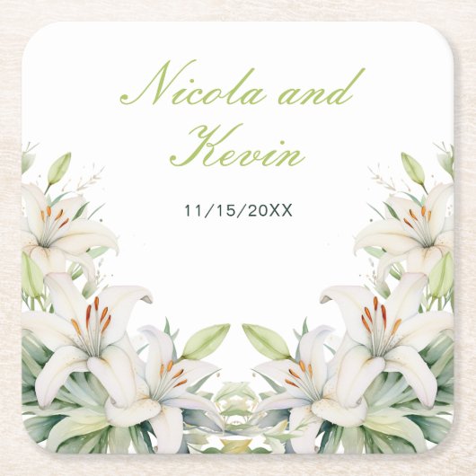 Witte lelie bloemen bruiloft kartonnen onderzetters (Voorkant)