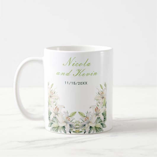 Witte lelie bloemen bruiloft koffiemok (Links)
