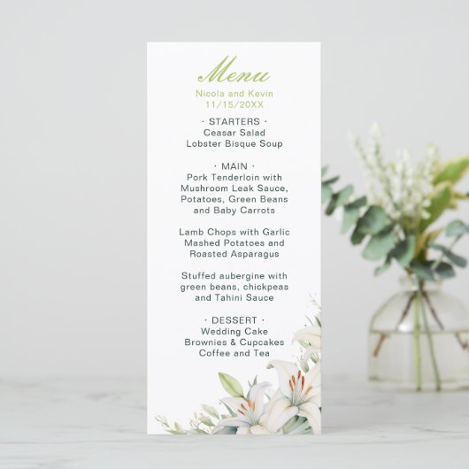 Witte lelie bloemen bruiloft menu (Staand voorkant)