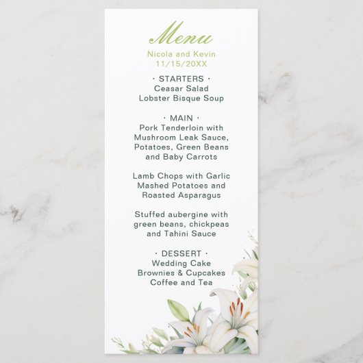 Witte lelie bloemen bruiloft menu (Voorkant)