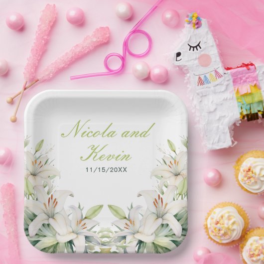 Witte lelie bloemen bruiloft papieren bordje (Feest)