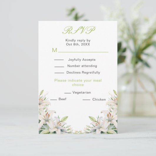 Witte lelie bloemen bruiloft RSVP kaartje (Staand voorkant)