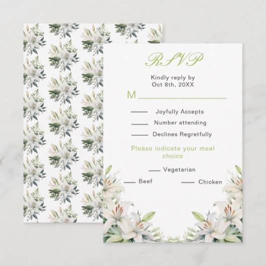 Witte lelie bloemen bruiloft RSVP kaartje (Voorkant / Achterkant)
