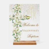 Witte Lelie Bloemen Goud Kruis Doop Welkom Acryl Bord (Voorkant)