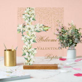 Witte Lelie Bloemen Goud Kruis Doop Welkom Acryl Bord