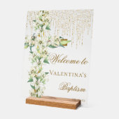 Witte Lelie Bloemen Goud Kruis Doop Welkom Acryl Bord (Hoek)