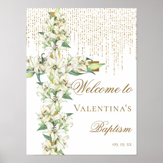 Witte Lelie Bloemen Goud Kruis Doop Welkom Poster (Voorkant)