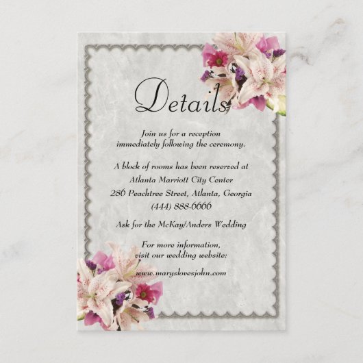 Witte Lelie Bloemen Marmer Bruiloft Details Informatiekaartje (Voorkant)