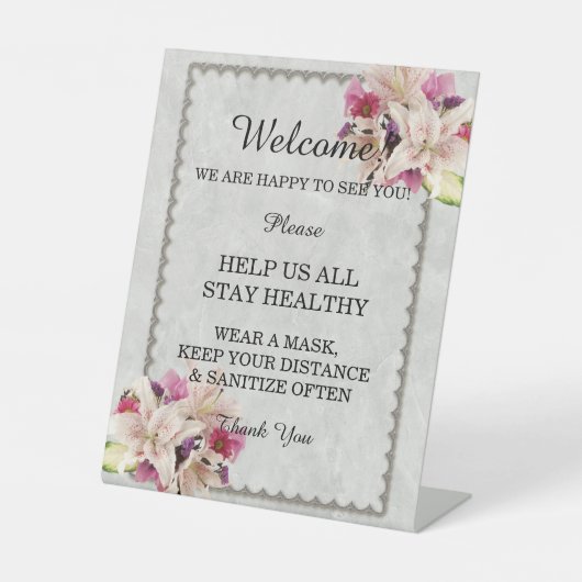 Witte Lelie Bloemen Marmer Bruiloft Veiligheid Reclamebord Met Voetstuk (Voorkant)