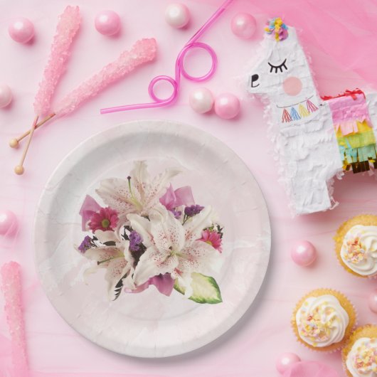 Witte Lelie Bloemen Roze Marmeren Bruiloft Papier  Papieren Bordje (Feest)