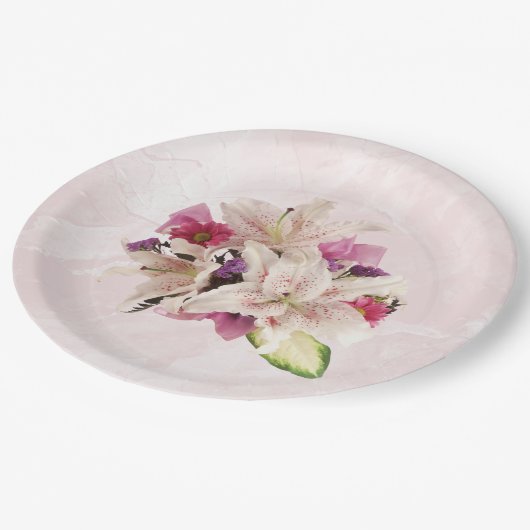 Witte Lelie Bloemen Roze Marmeren Bruiloft Papier  Papieren Bordje (Gekanteld)