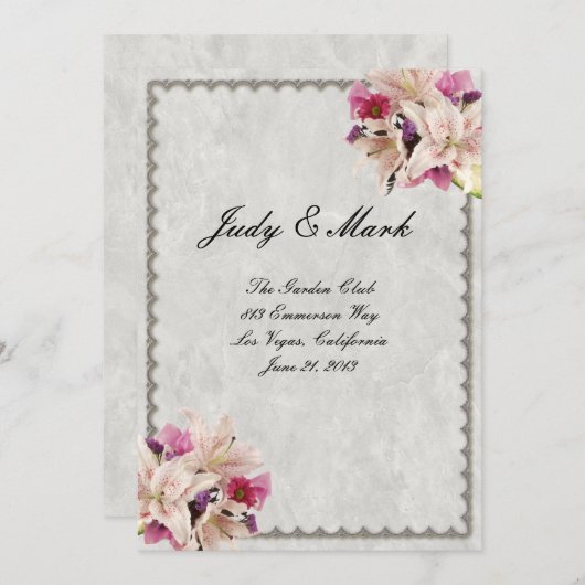 Witte lelie bloemig marmeren huwelijksmenu kaart (Voorkant / Achterkant)