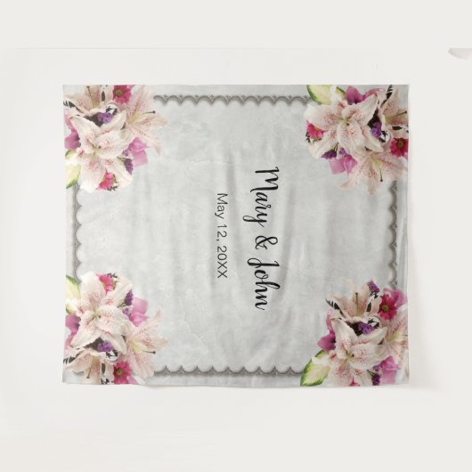 Witte lelie bloemige marmeren trouw achtergrond wandkleed (Voorkant (horizontaal))