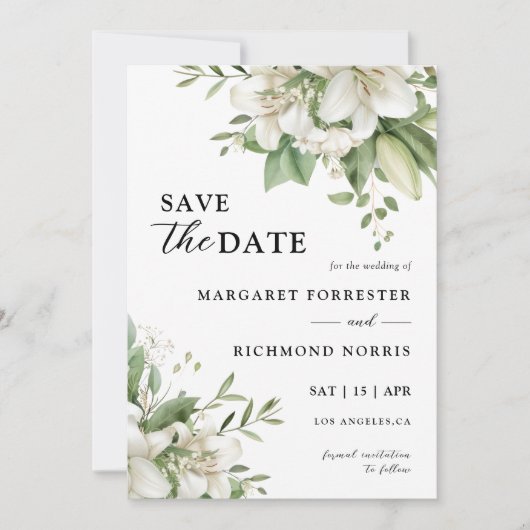 Witte Lelie Elegante Bloemen Huwelijk Save The Dat Kaart (Voorkant)