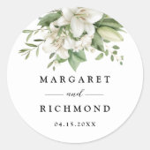 Witte Lelie Elegante Waterverf Bloemenbruiloft Ronde Sticker (Voorkant)