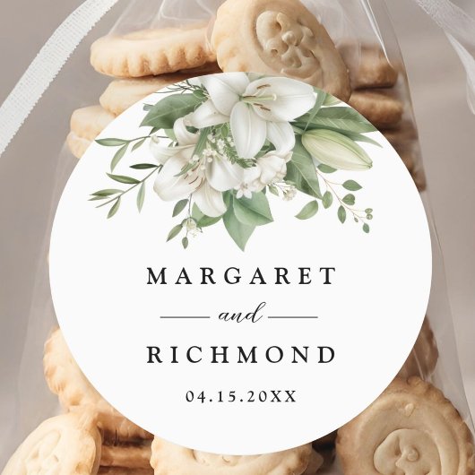 Witte Lelie Elegante Waterverf Bloemenbruiloft Ronde Sticker