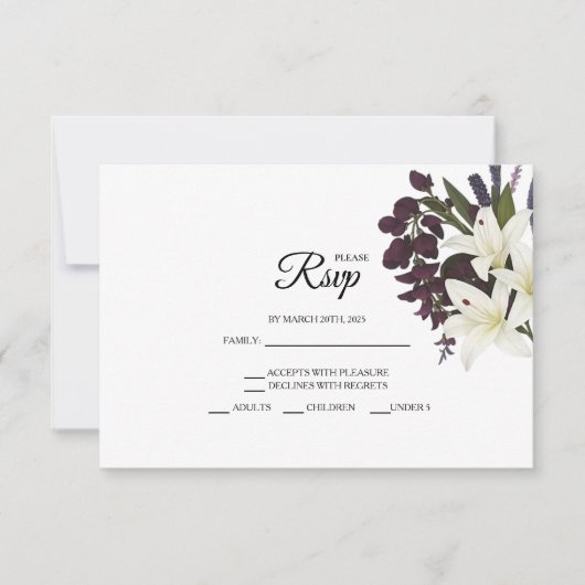 Witte Lelie en Plum Bloemen Huwelijk RSVP Kaarten (Voorkant)