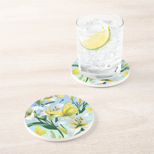 Witte Lelie, Gele Vlinder Onderzetter - Levendig (Zijkant)