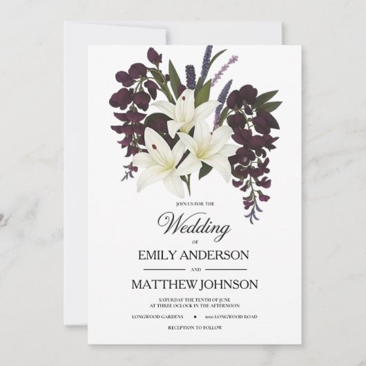 Witte Lelie & Plum Bloemen Huwelijksuitnodiging Kaart (Voorkant)