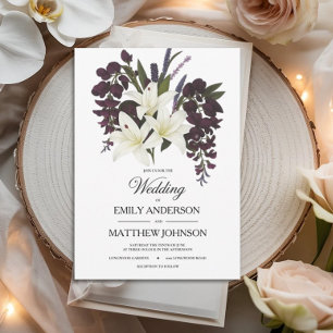 Witte Lelie & Plum Bloemen Huwelijksuitnodiging Kaart