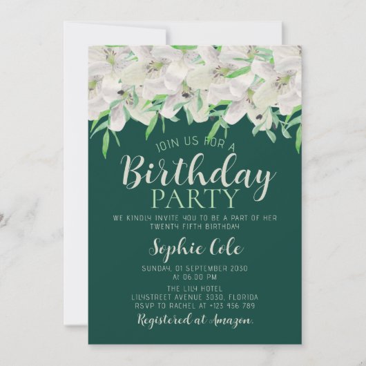 Witte Lelie Verjaardag Elegante Smaragdgroene Bloe Kaart (Voorkant)