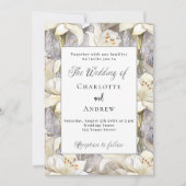 Witte lelies bloemblaadjes zilveren retro bruiloft kaart (Voorkant)