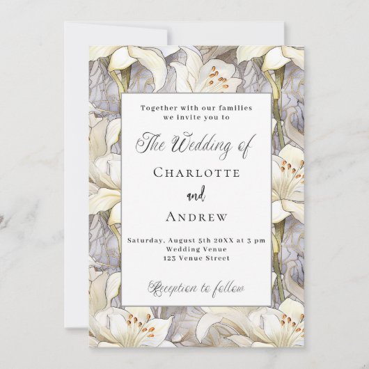 Witte lelies bloemblaadjes zilveren retro bruiloft kaart (Voorkant)