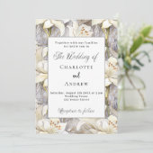 Witte lelies bloemblaadjes zilveren retro bruiloft kaart (Staand voorkant)