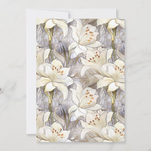 Witte lelies bloemblaadjes zilveren retro bruiloft kaart (Achterkant)