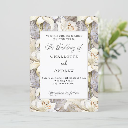 Witte lelies bloemblaadjes zilveren retro bruiloft kaart (Staand voorkant)