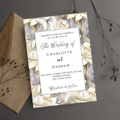 Witte lelies bloemblaadjes zilveren retro bruiloft uitnodiging briefkaart