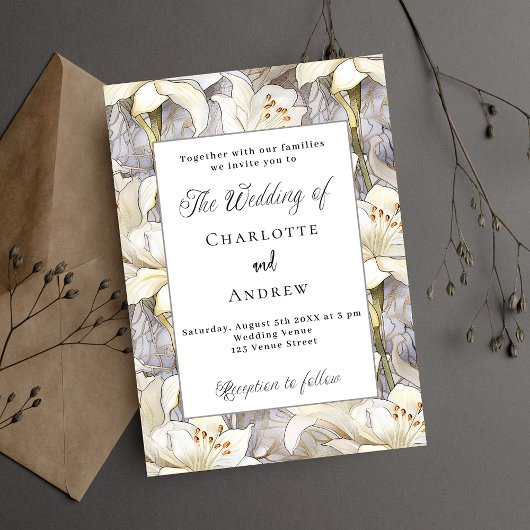 Witte lelies bloemblaadjes zilveren retro bruiloft uitnodiging briefkaart