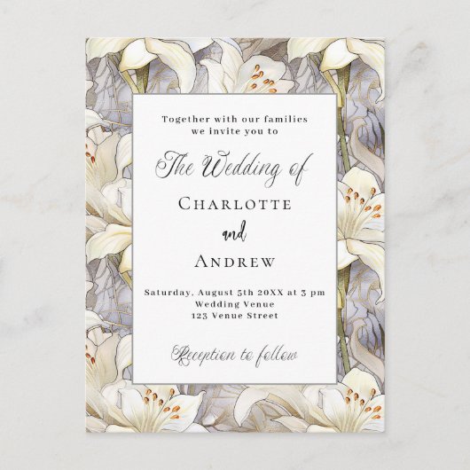 Witte lelies bloemblaadjes zilveren retro bruiloft uitnodiging briefkaart (Voorkant)