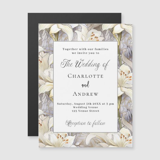 Witte lelies bloemen zilveren retro luxe bruiloft magnetische uitnodiging (Voorkant / Achterkant)