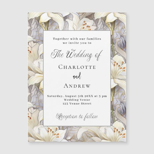 Witte lelies bloemen zilveren retro luxe bruiloft magnetische uitnodiging (Voorkant)