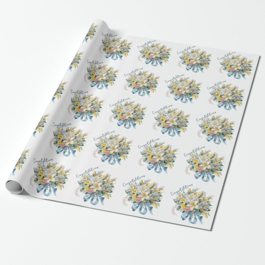 Witte lelies en blauw lint bruiloft boeket cadeaupapier (Uitgerold)