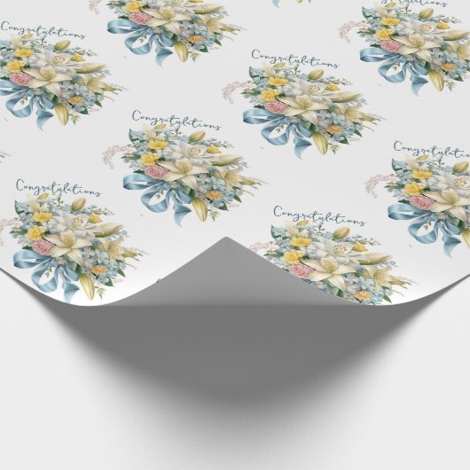 Witte lelies en blauw lint bruiloft boeket cadeaupapier (Hoek)